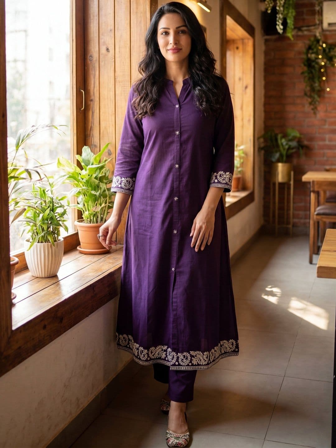 SZN Women Floral Embroidered Panelled Thread Work Kurta with Trousers - view 1