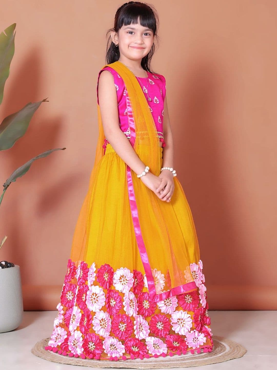 KALINI Girls Embellished Ready to Wear Net Lehenga & Blouse With Dupatta - view 1