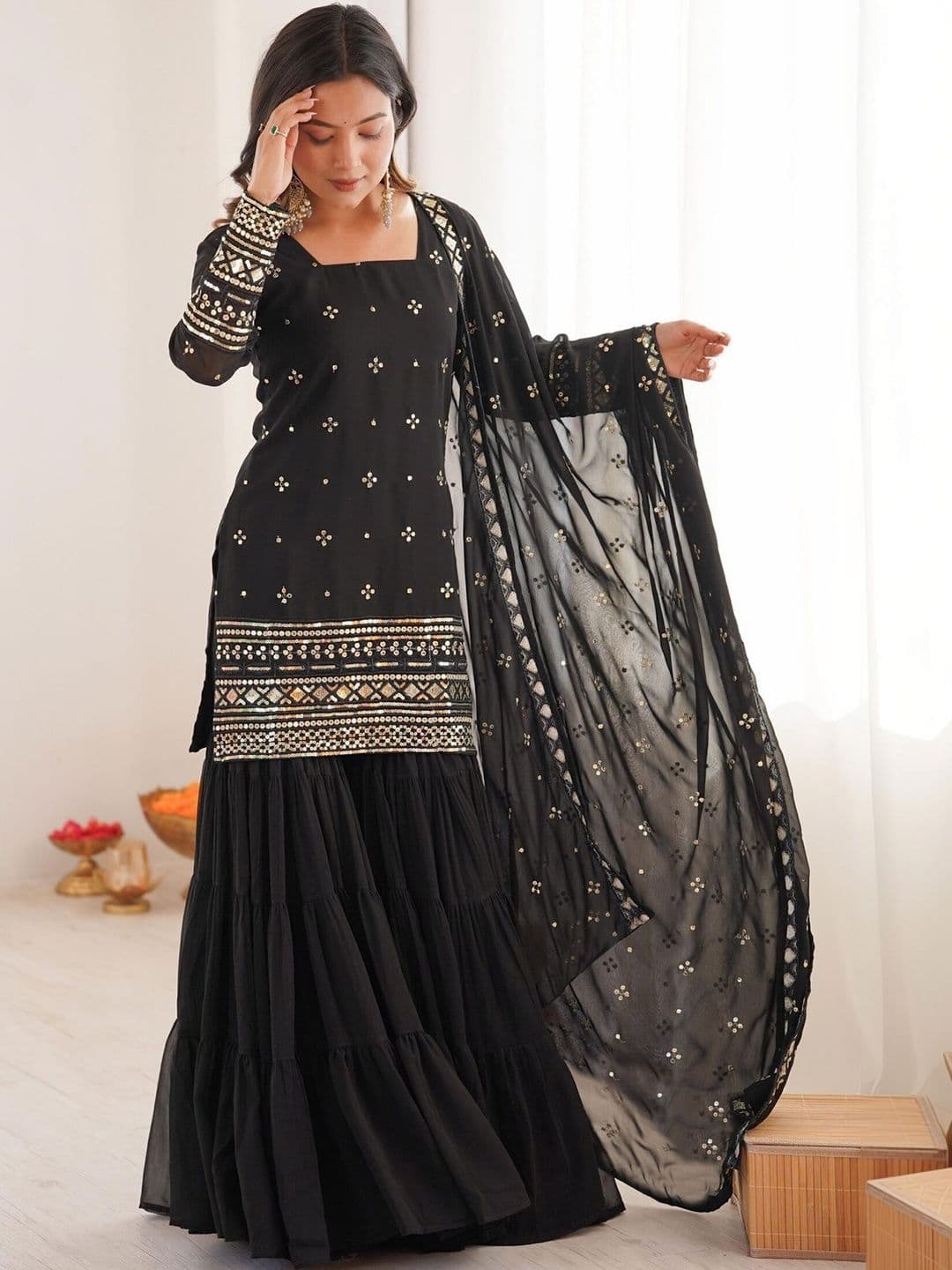 Moda Rapido Women Ethnic Motifs Embroidered Regular Mirror Work Kurta with Sharara & With Dupatta - view 1