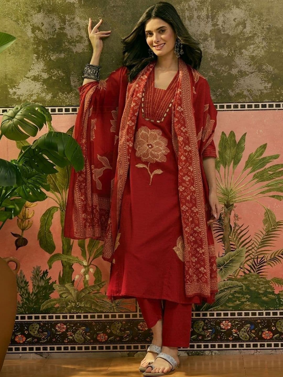 Sangria Women's Red Solid Embroidered Cotton A-line Kurta Pant Dupatta Set - view 1