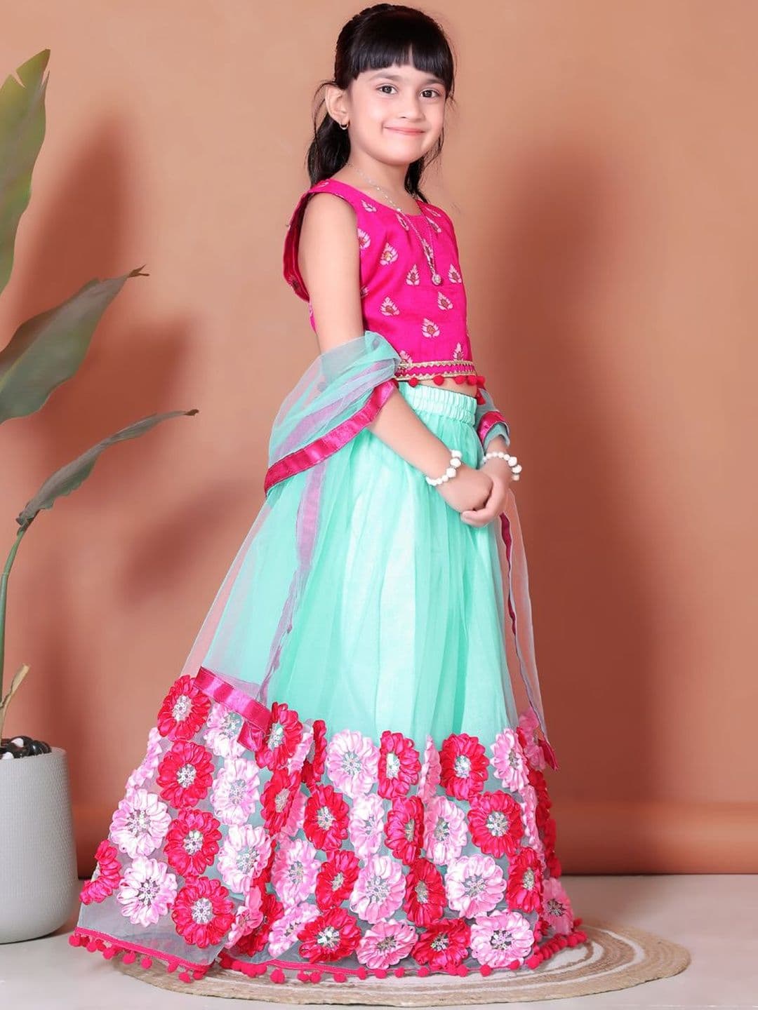 KALINI Girls Embellished Thread Work Ready to Wear Net Lehenga & Blouse With Dupatta - view 1