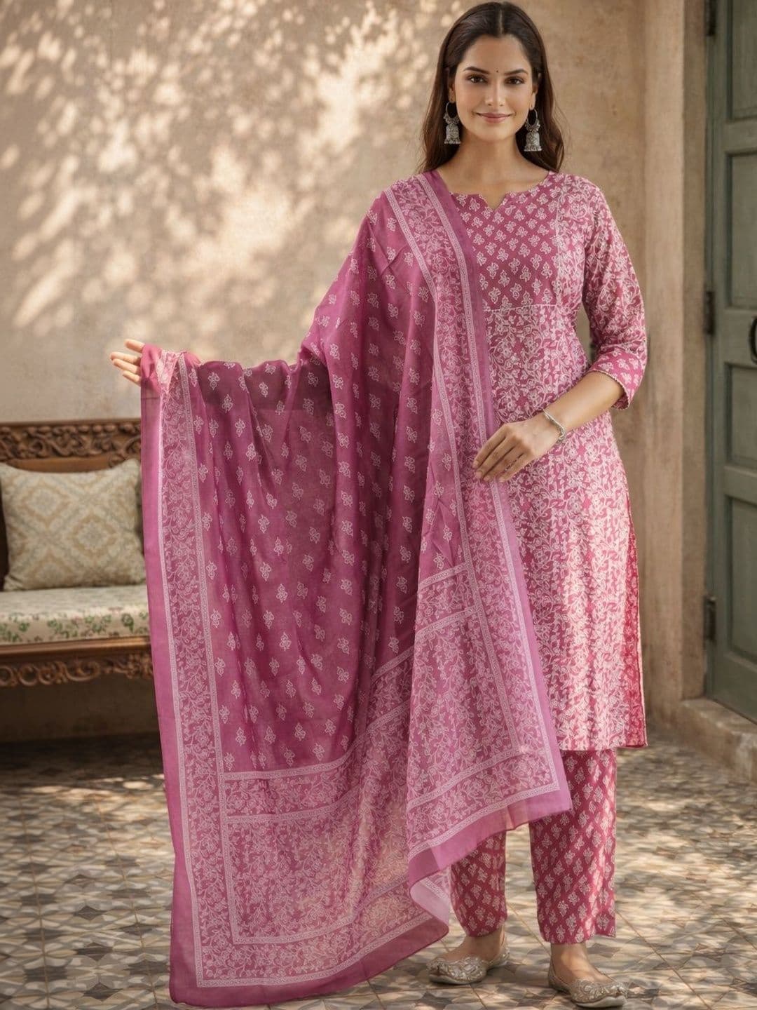 KINDA DESI Women Ethnic Motifs Printed Regular Kurta with Trousers & With Dupatta - view 1