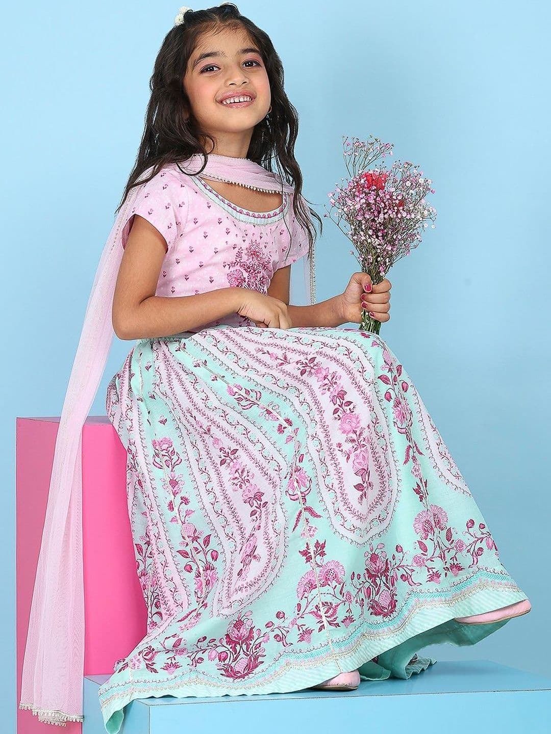 Biba Girls Embroidered Thread Work Semi-Stitched Lehenga & Blouse With Dupatta - view 1