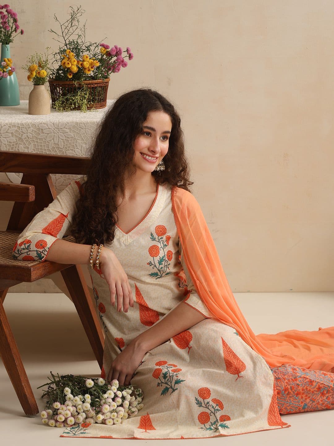 Khushal K Women Floral Printed Regular Pure Cotton Kurta with Trousers & With Dupatta - view 1