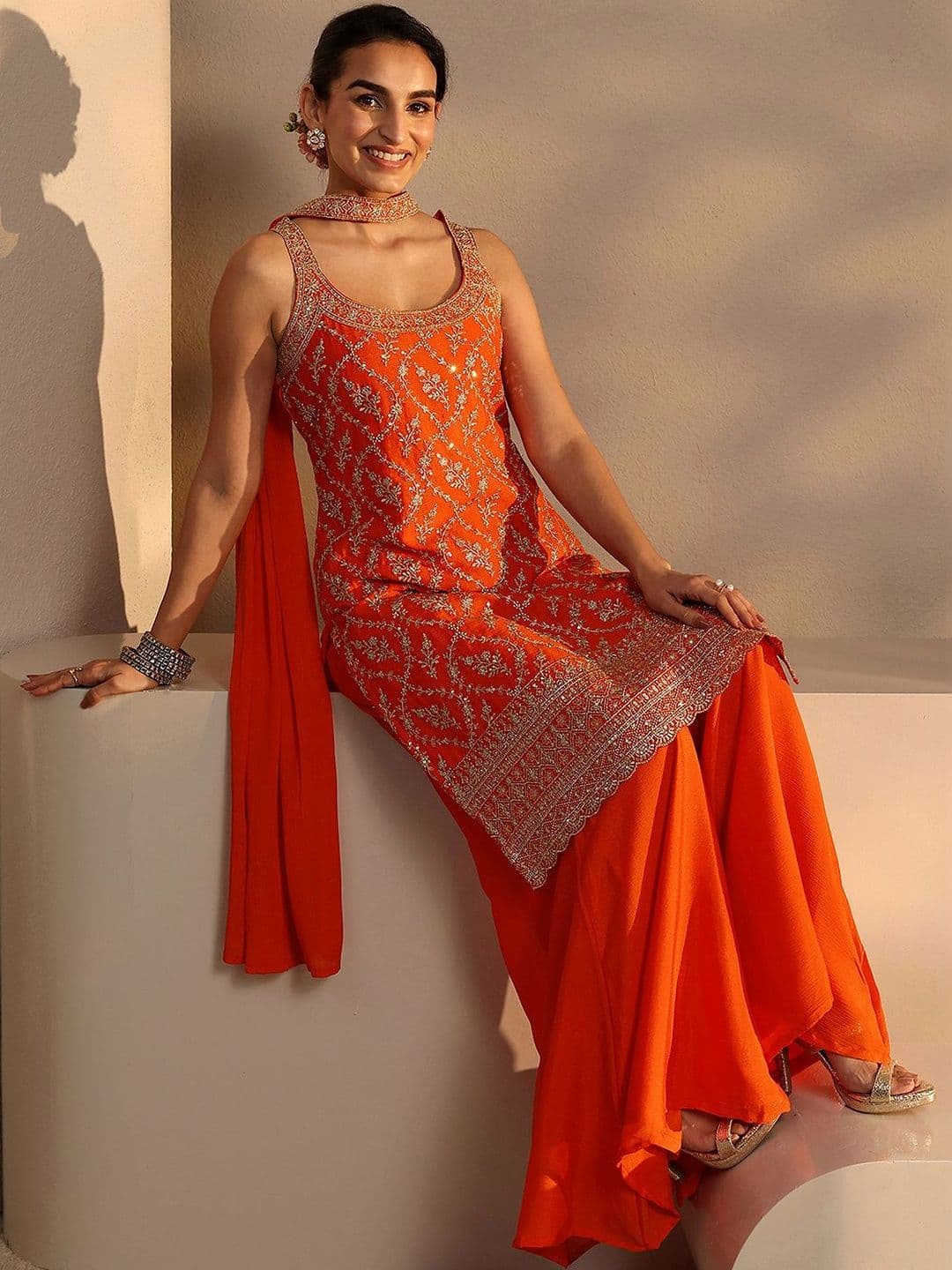 Libas Women Ethnic Motifs Embroidered Regular Thread Work Kurta with Palazzos & With Dupatta - view 1
