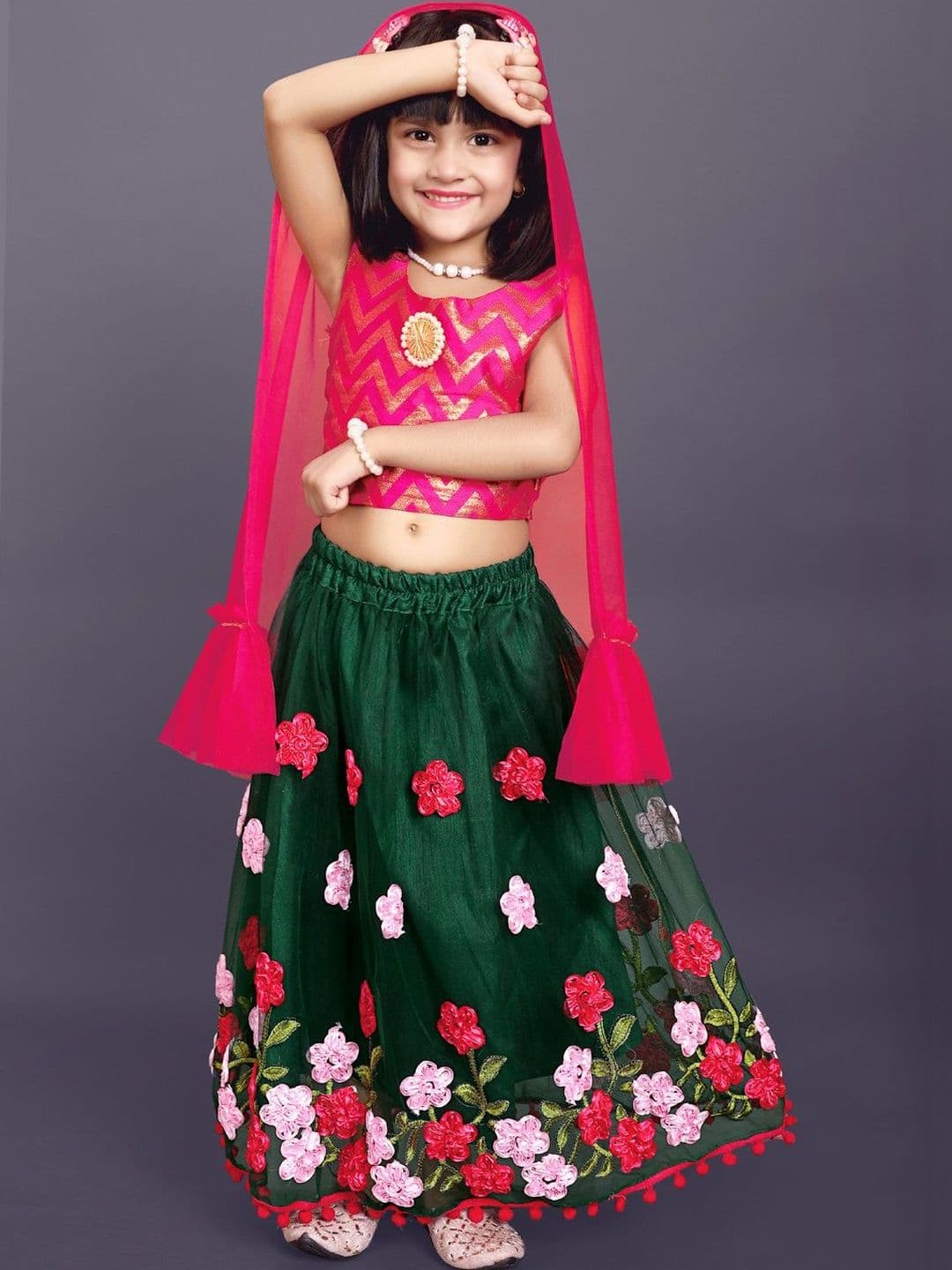KALINI Girls Thread Work Semi-Stitched Net Lehenga & Blouse With Dupatta - view 1