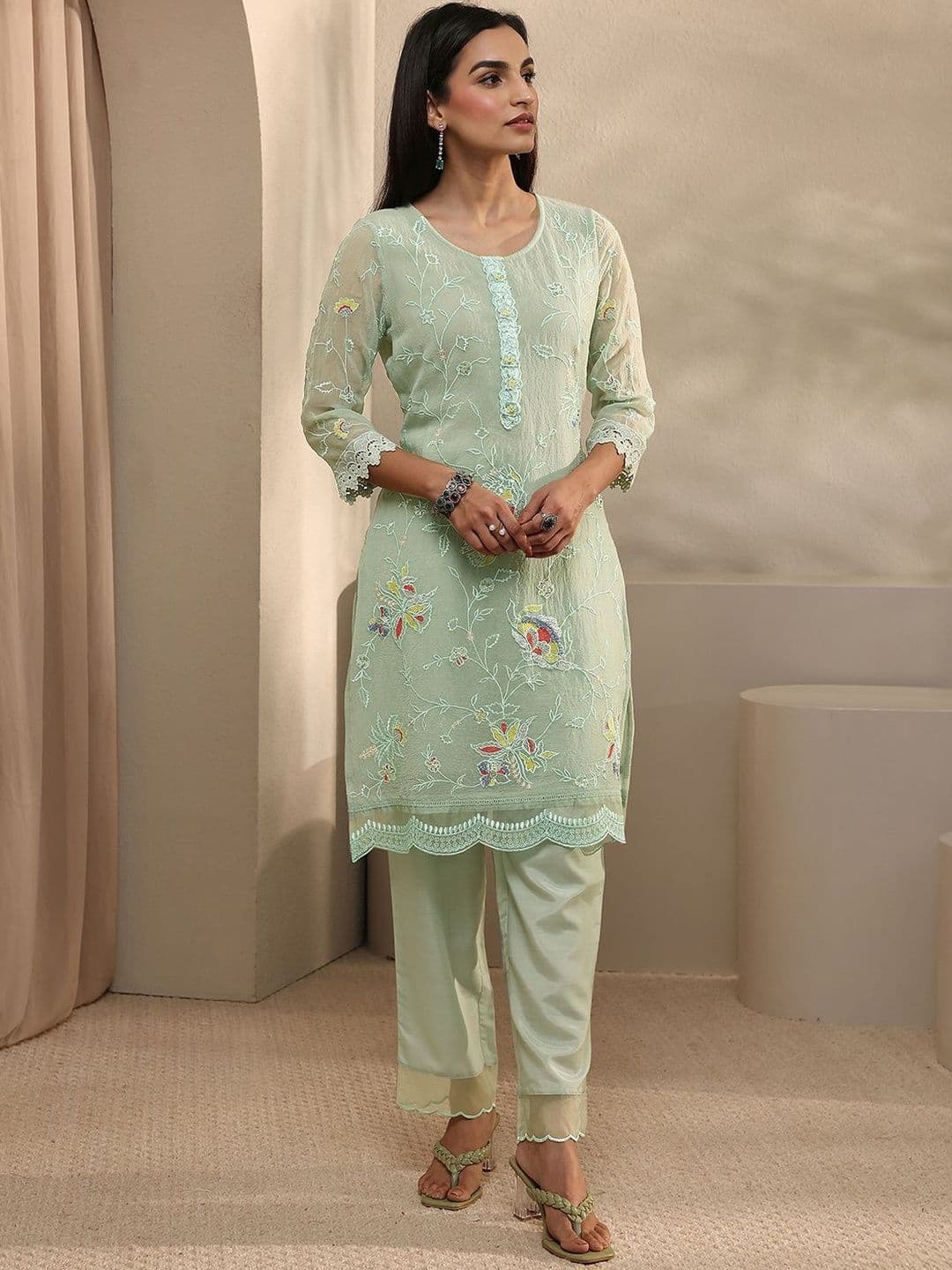 Libas Floral Organza Embroidered Tunic with Trousers - view 1