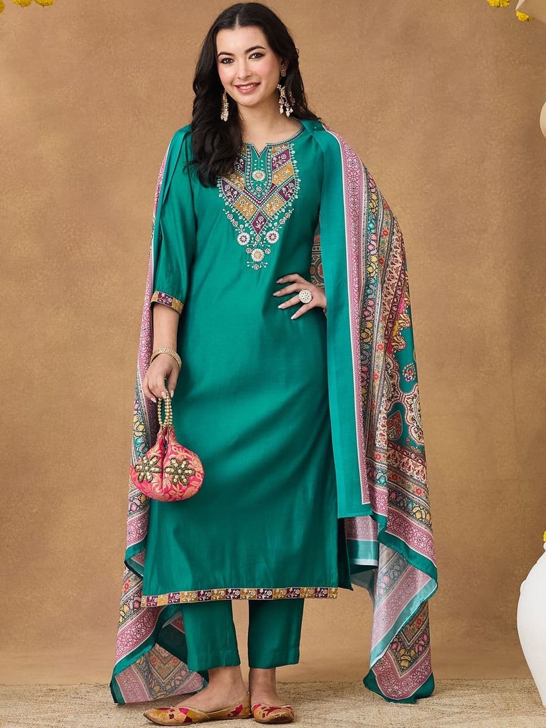 Sangria Embroidered Kurta Trousers Printed Dupatta Set - view 1