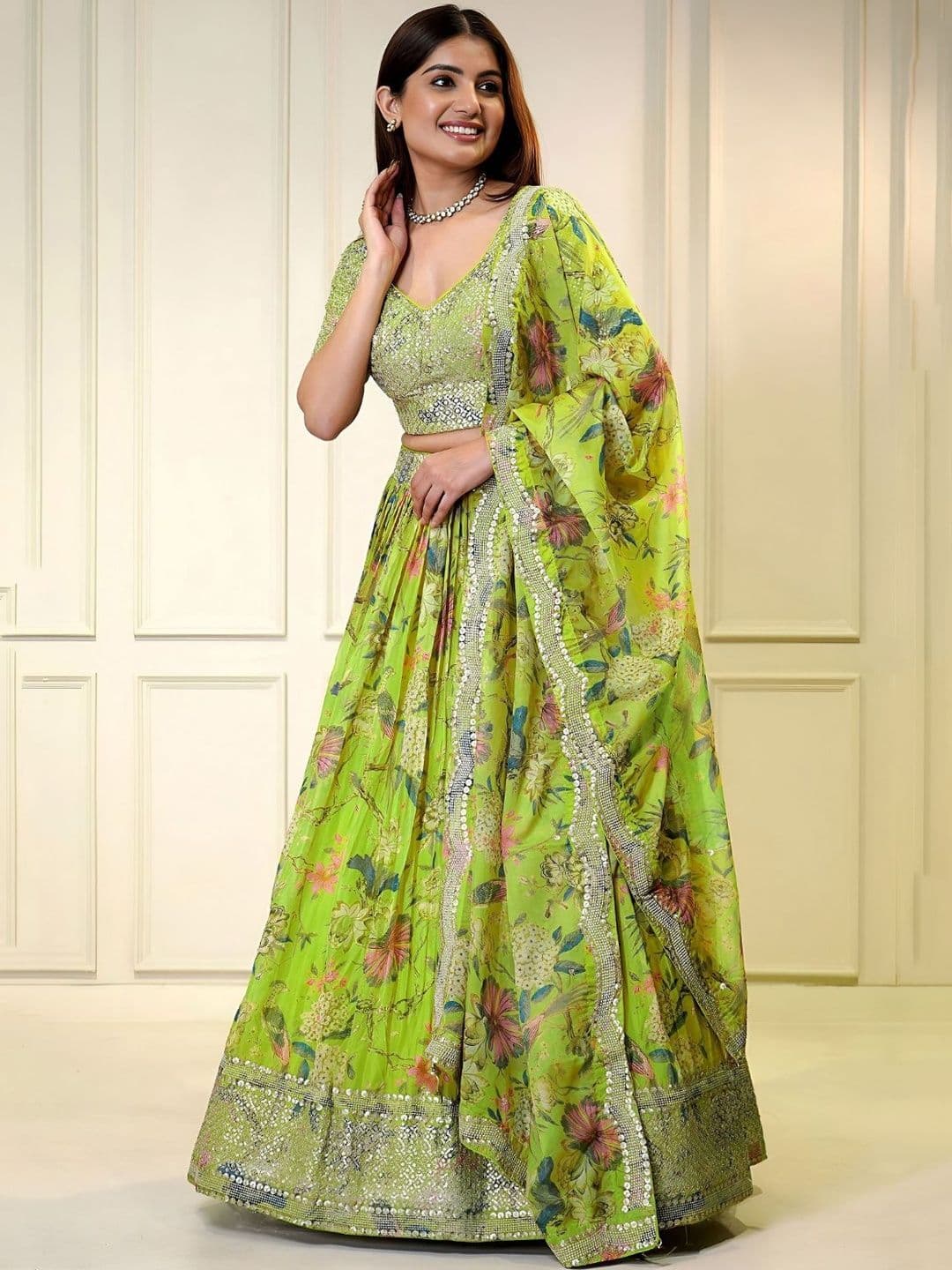 ODETTE Sequinned Floral Lehenga Choli With Dupatta - view 1