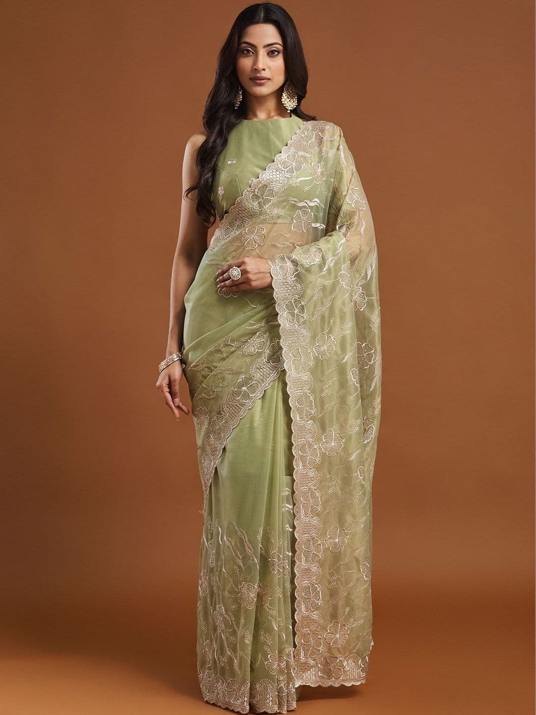 kasee Women's Patel Green Floral Embroidered Sarees - view 1