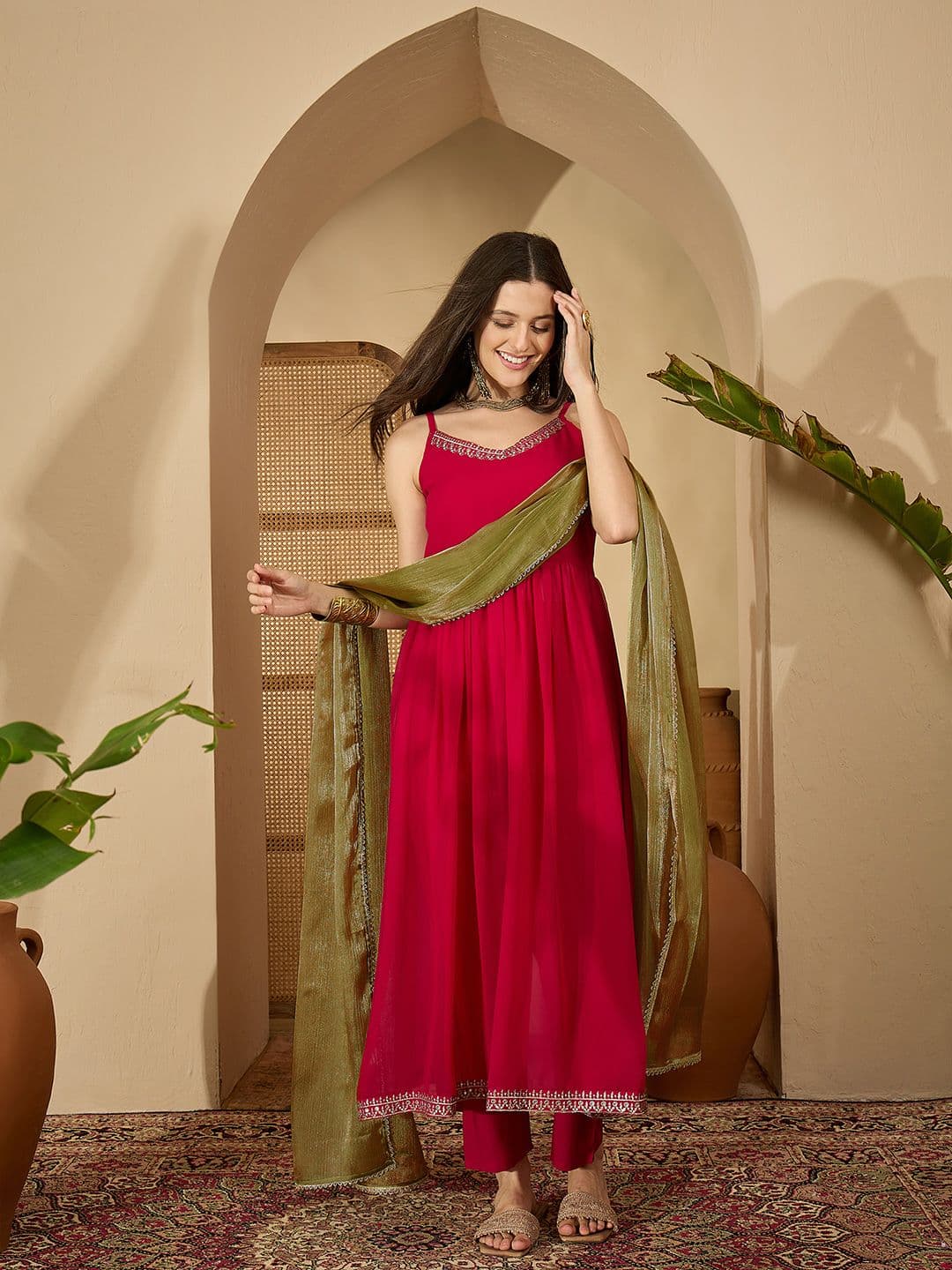 Sangria Women Ethnic Motifs Embroidered Thread Work Kurta with Trousers & Dupatta - view 1