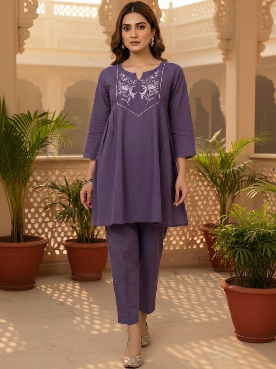 RUSTIQUE Women Ethnic Motifs Embroidered Thread Work Pure Cotton Kurti with Trousers - view 1