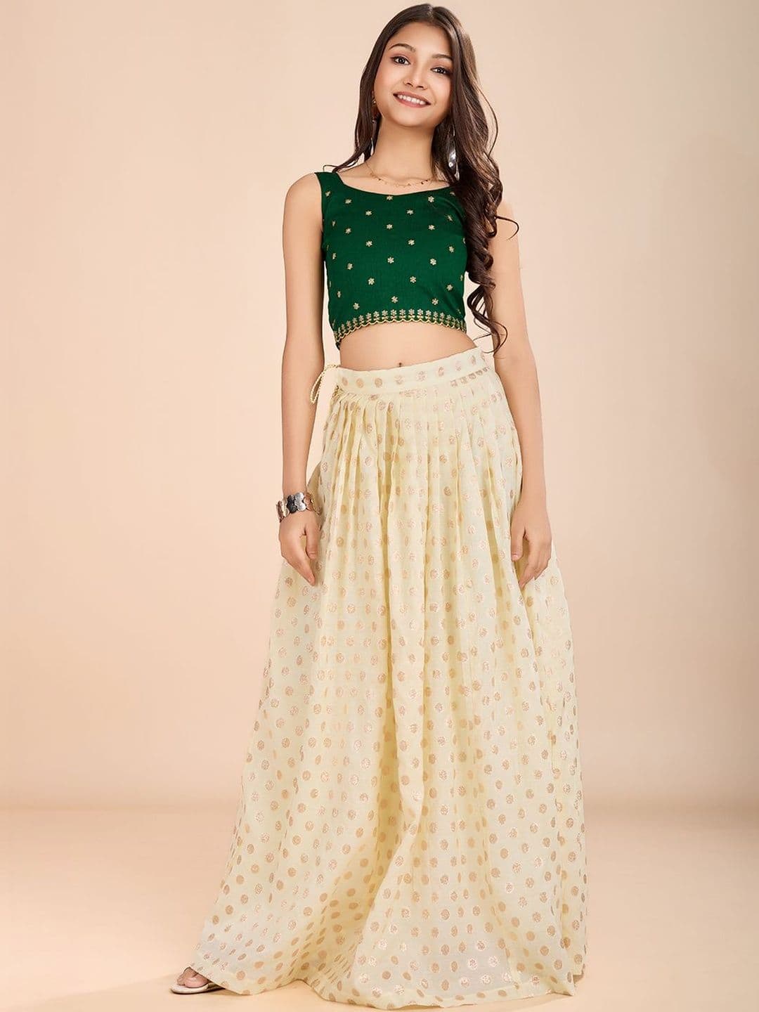 KALINI Girls Embroidered Thread Work Foil Print Ready to Wear Lehenga & - view 1