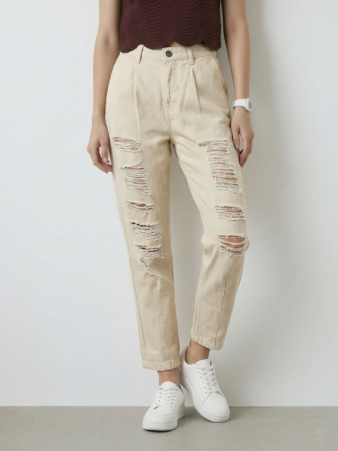 Mast & Harbour Women Pure Cotton Boyfriend Fit Highly Distressed Jeans - view 1