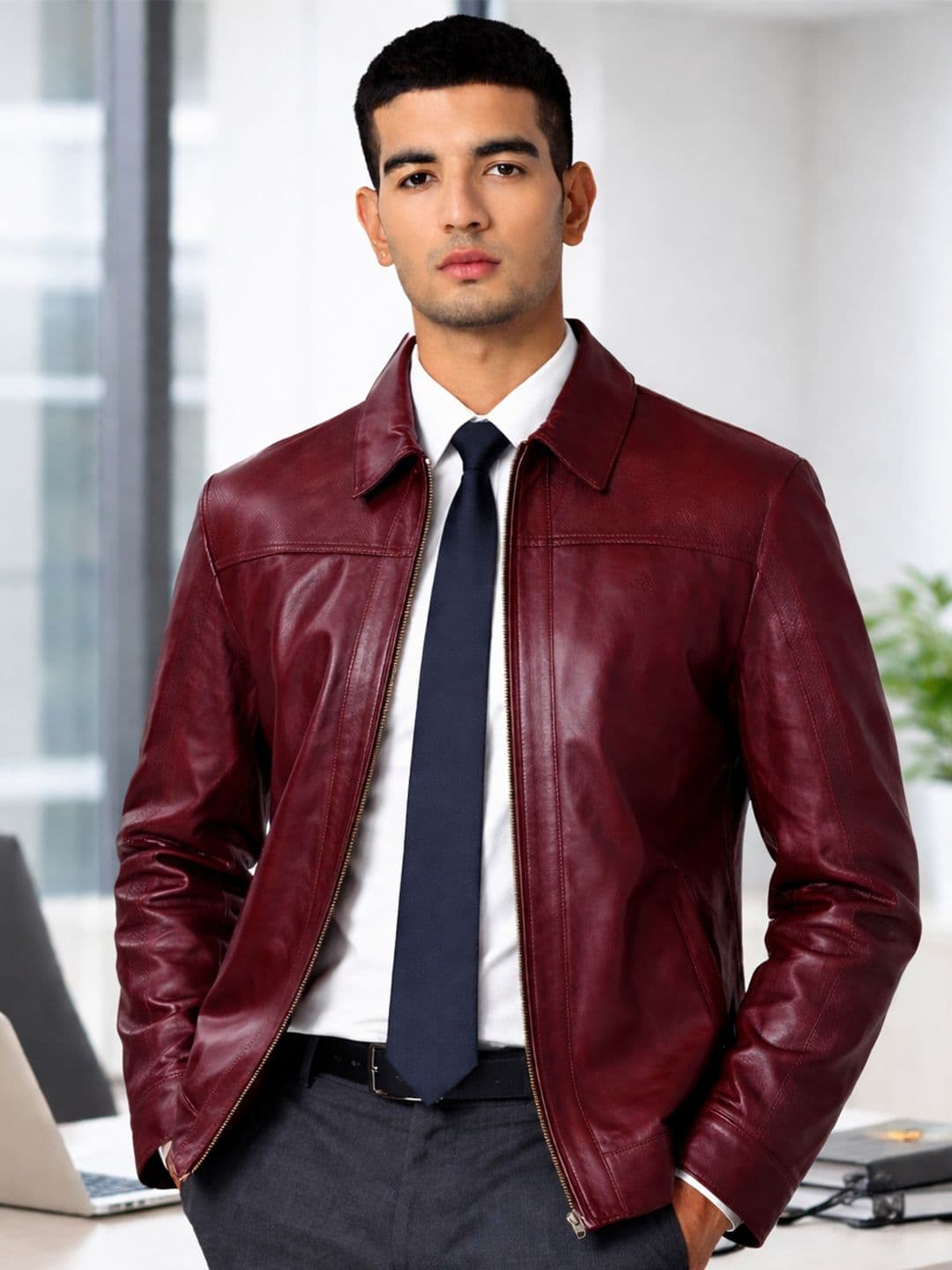 Tortoise Leather Formal Maroon Zipper Jacket - view 1