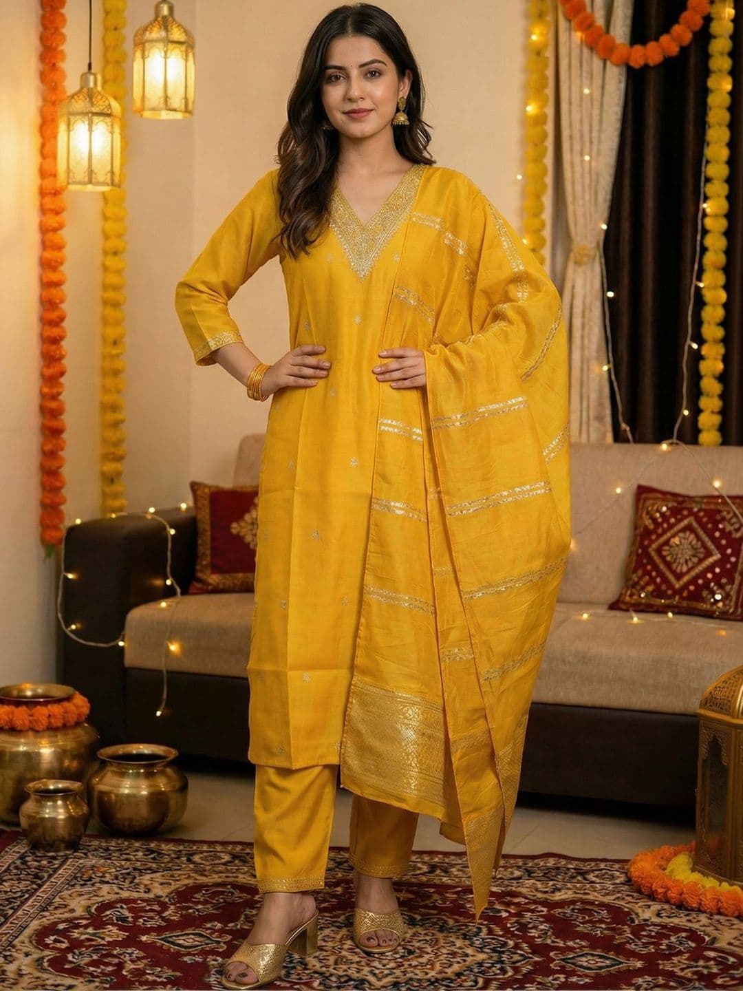 Indo Era Yellow Embroidered Straight Kurta Trousers Dupatta Set - view 1