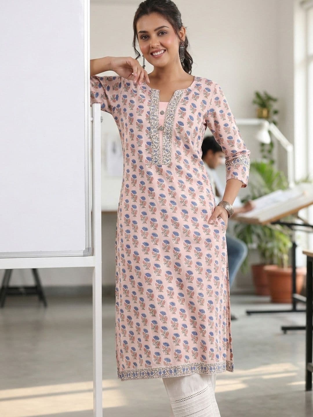 Rain & Rainbow Women Coral & Blue Cotton Printed Floral Kurta - view 1