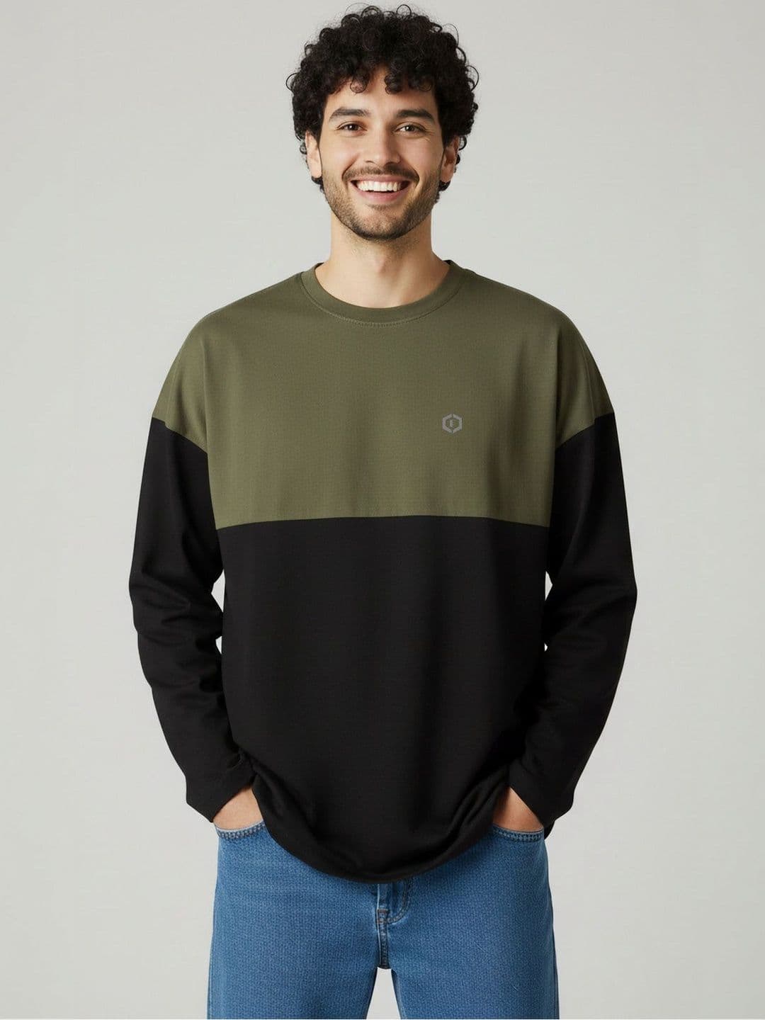 Febue Mens Oversized Colorblock Olive Green Black Baggy Streetwear Fit T-shirts - view 1