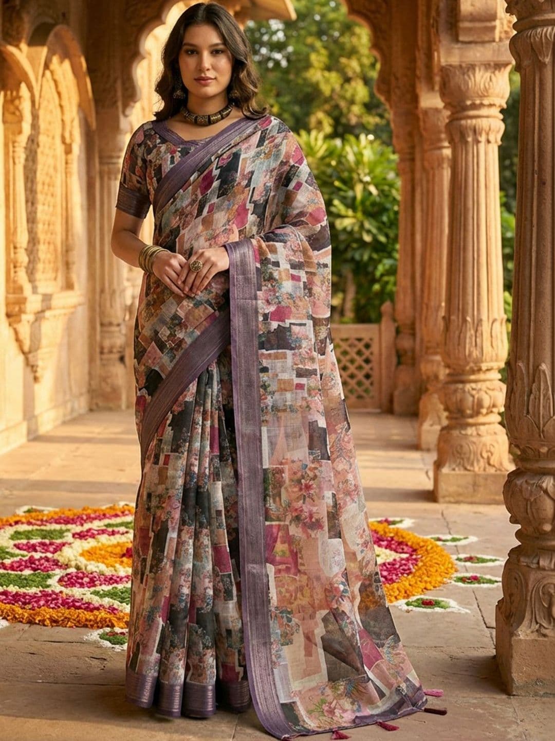 SHADOW & SAINING Women Purple Linen Cotton Digital Printed Abstract Sarees - view 1