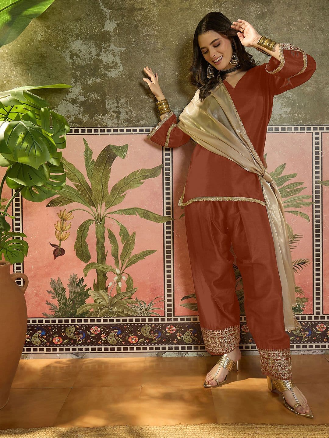 Ethnic Junction Women Cotton Embroidered Straight Kurta And Farshi Salwar With Dupatta Set - view 1