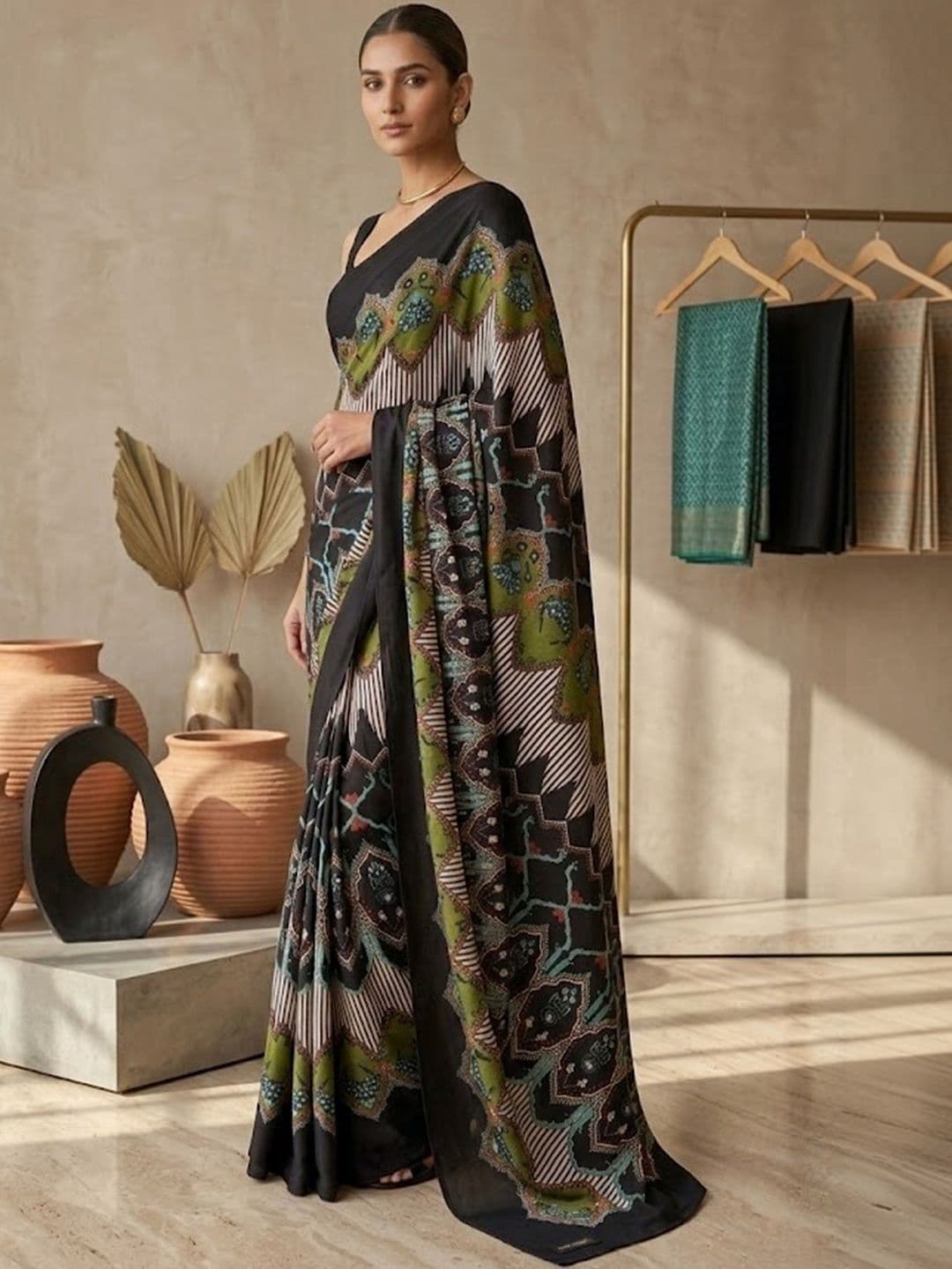 Sangria Women Black Green Ethnic Motif Printed Pre Draped Saree - view 1