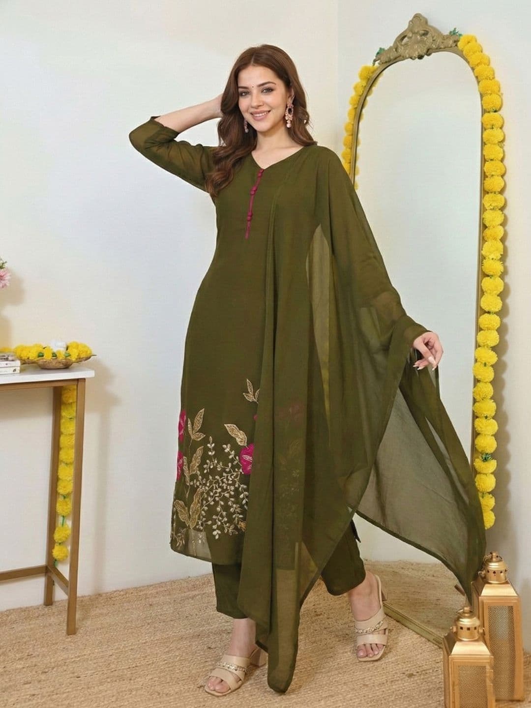 KALINI Women Floral Embroidered Regular Thread Work Kurta with Trousers & With Dupatta - view 1