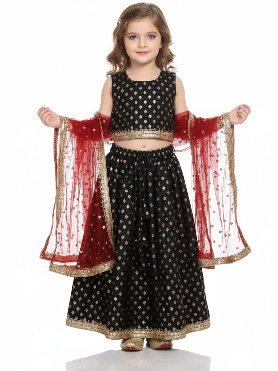 SAKA DESIGNS Girls Sleeveless Foil Printed Sequinned Lehenga & Blouse With Dupatta - view 1