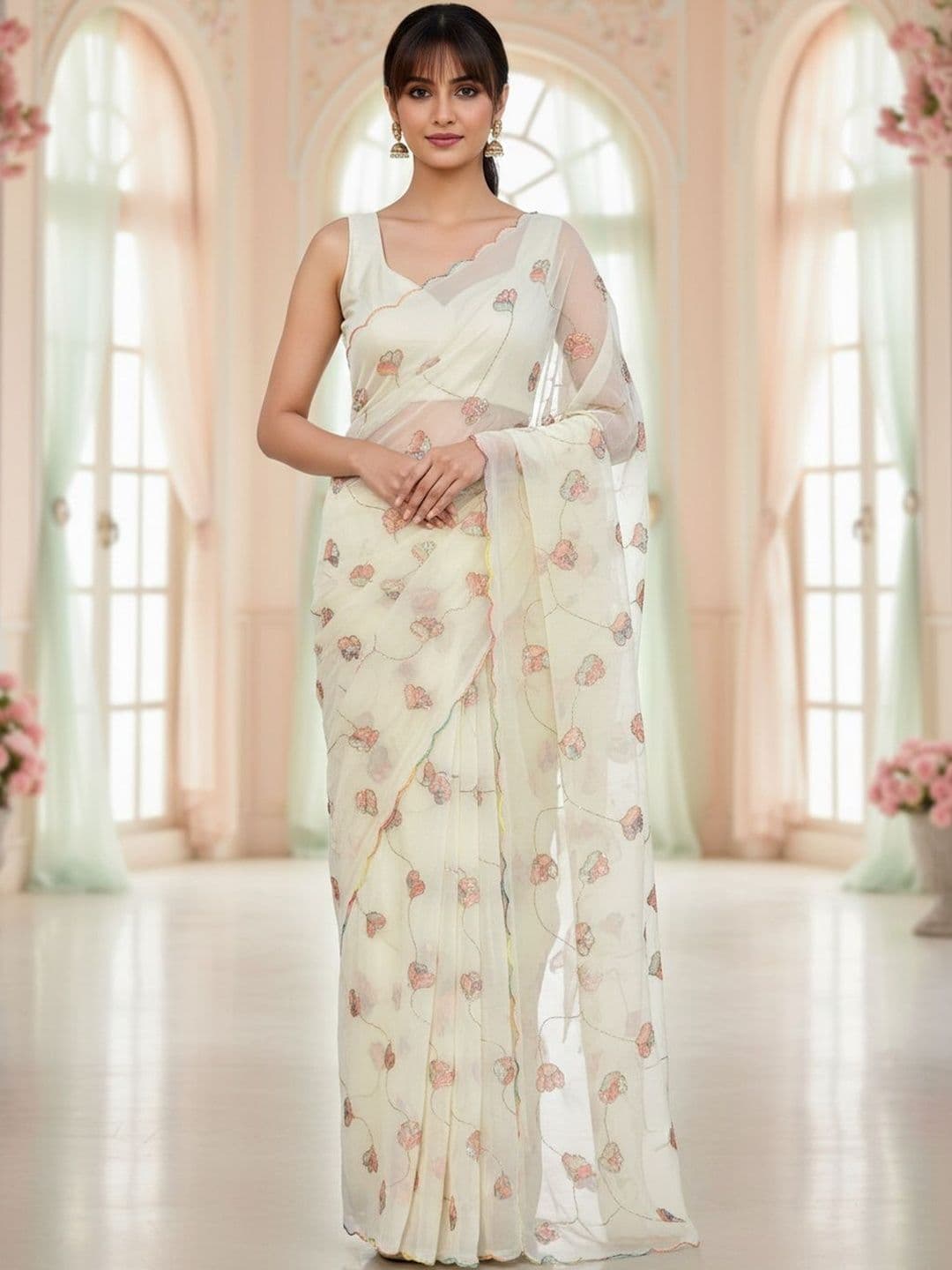 FABLAND Floral Sequinned Poly Georgette Saree - view 1