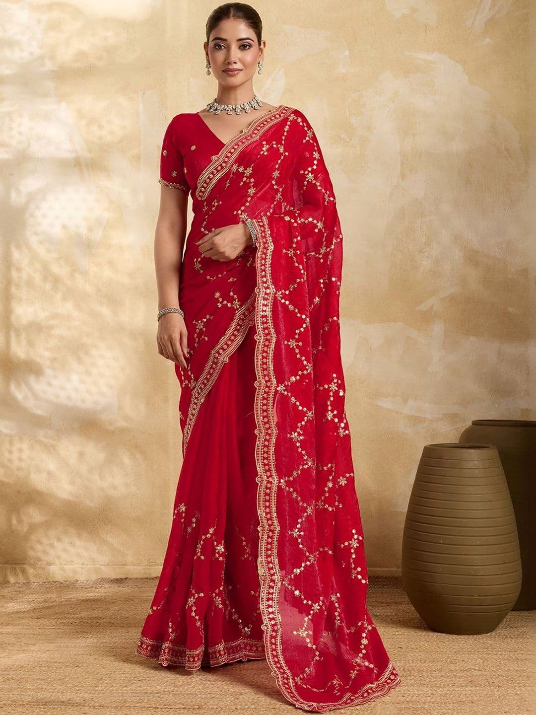 HERE&NOW Ethnic Motifs Embroidered Jimmy Choo Organza Saree With Unstitched Blouse - view 1
