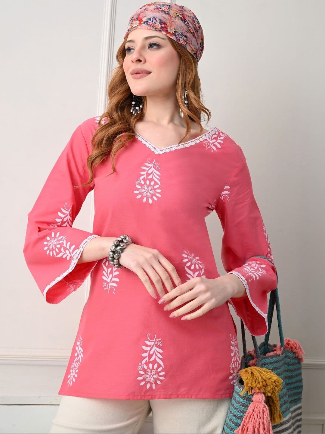 Koito Ethnic Motifs Embroidered V-Neck Flared Sleeves Pure Cotton Kurti - view 1