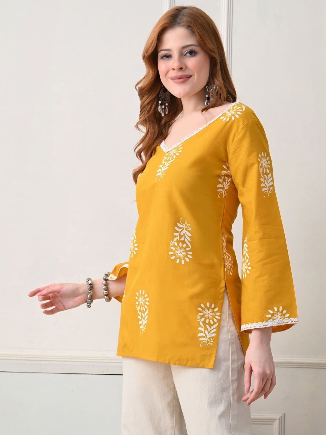 Koito Floral Embroidered V-Neck Flared Sleeves Pure Cotton Kurti - view 1
