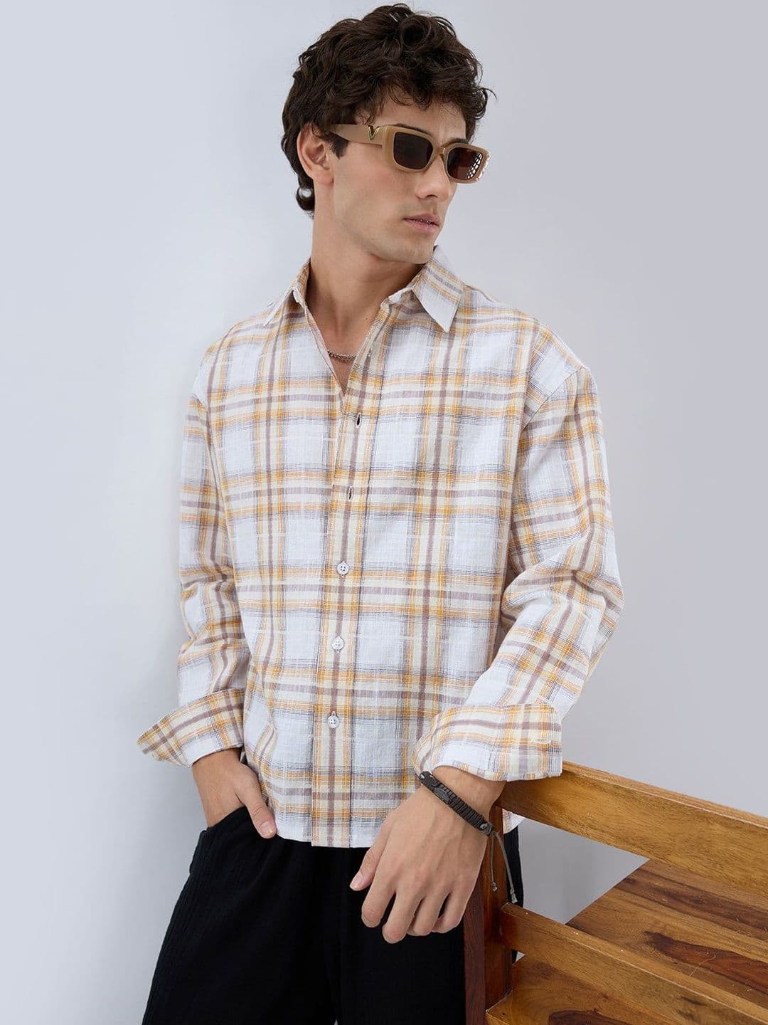 VASTRADO Premium Suncrest Plaid Jacquard Checks Boxy Fit Crop Shirt - view 1