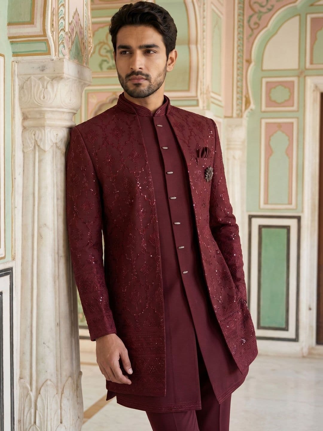 Jompers Embroidered Mandarin Collar Sherwani