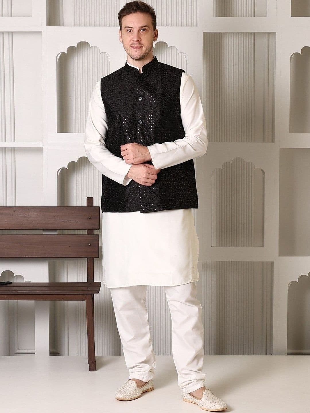 SHROBH Embroidered Cotton Blend Satin Nehru Jackets - view 1
