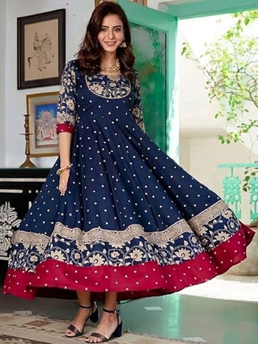 ANUTTARA FASHIONS Women Polka Dot Printed Thread Work Indie Prints Anarkali Kurta - view 1