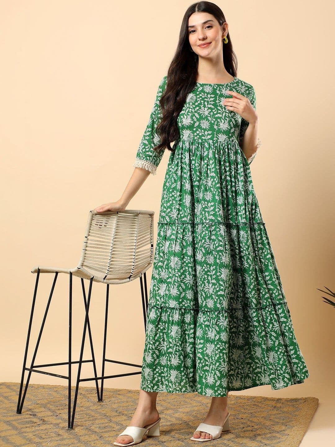 HERE&NOW Printed Cotton Round Neck Fit & Flare Ethnic Dress - view 1