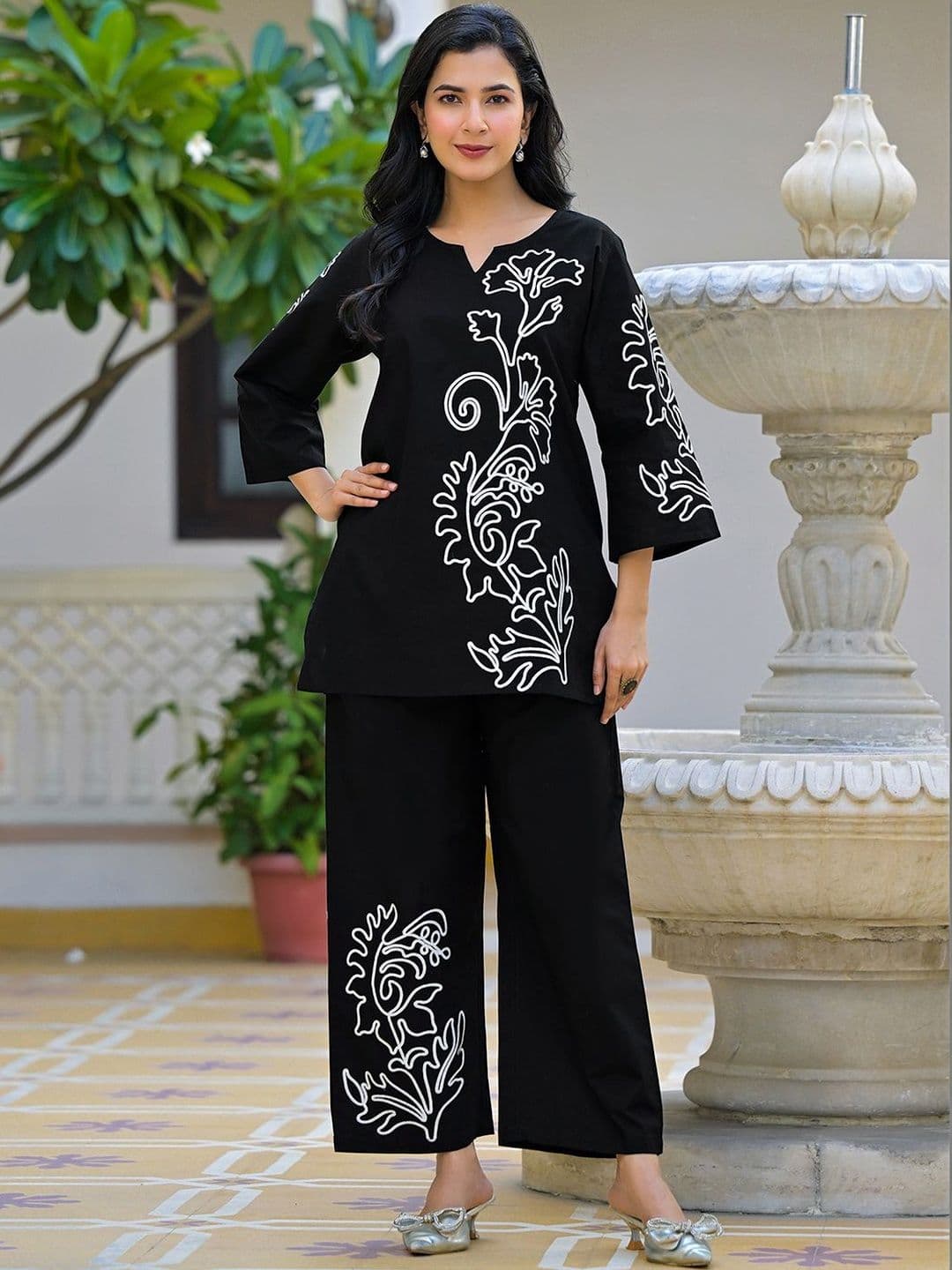 SKYLEE Embroidered Black Cotton Co Ords for Women - view 1