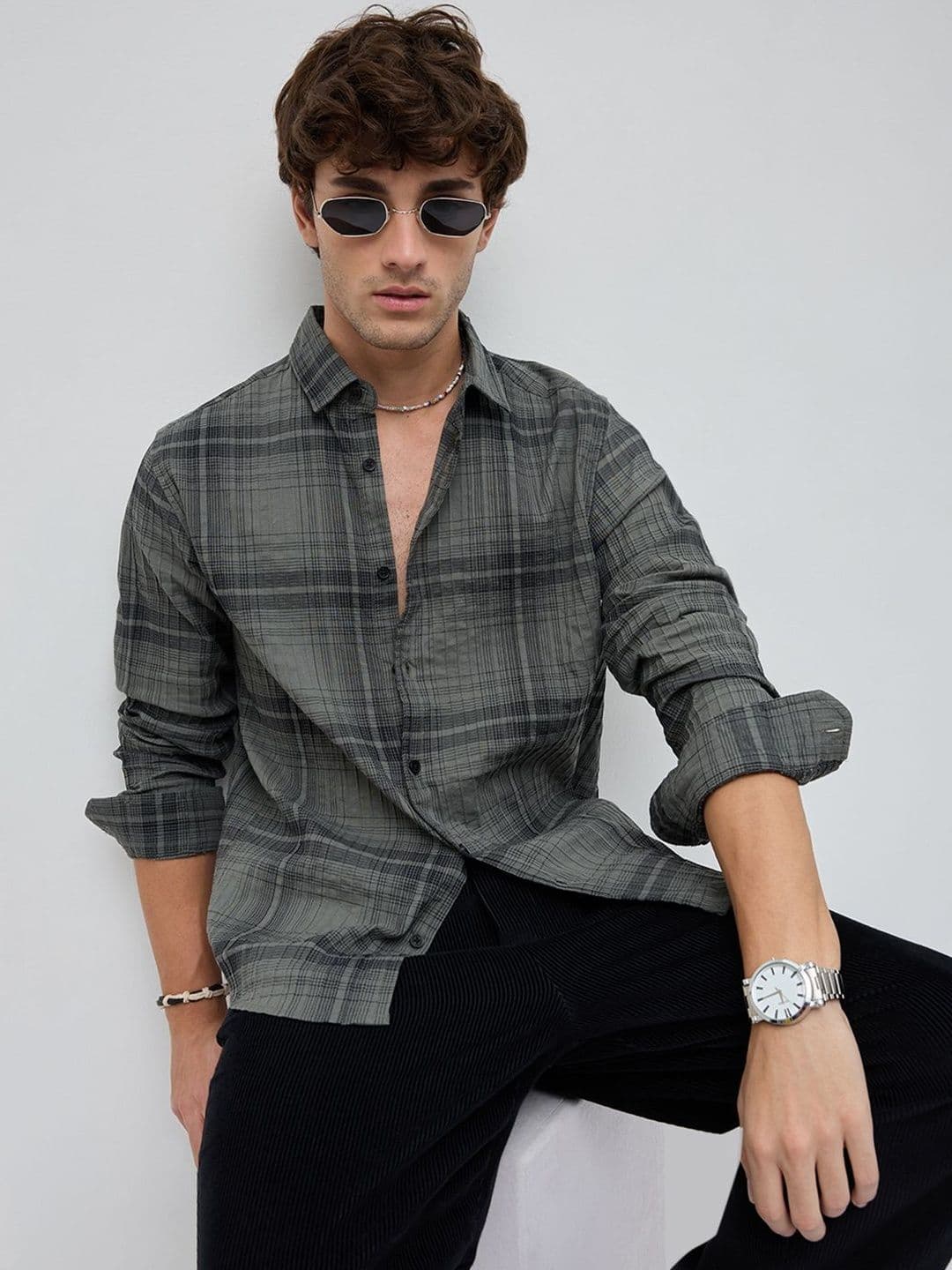 VASTRADO Olive & Black Plaid Checks Textured Shirt - view 1