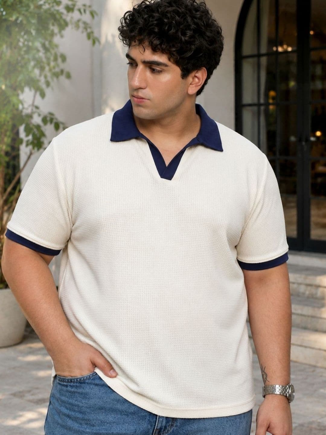 Sztori Men Off-White Self-Textured Waffle Contrast Collar Half Sleeve Polo T-Shirt - view 1