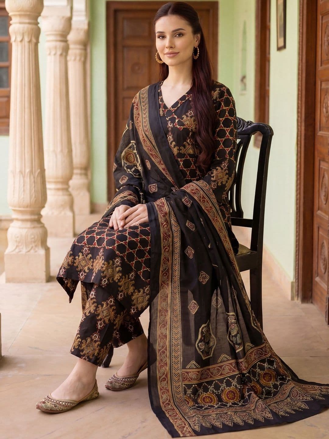 Indo Era Women Ethnic Motifs Printed Regular Pure Cotton Kurta with Trousers & With Dupatta - view 1