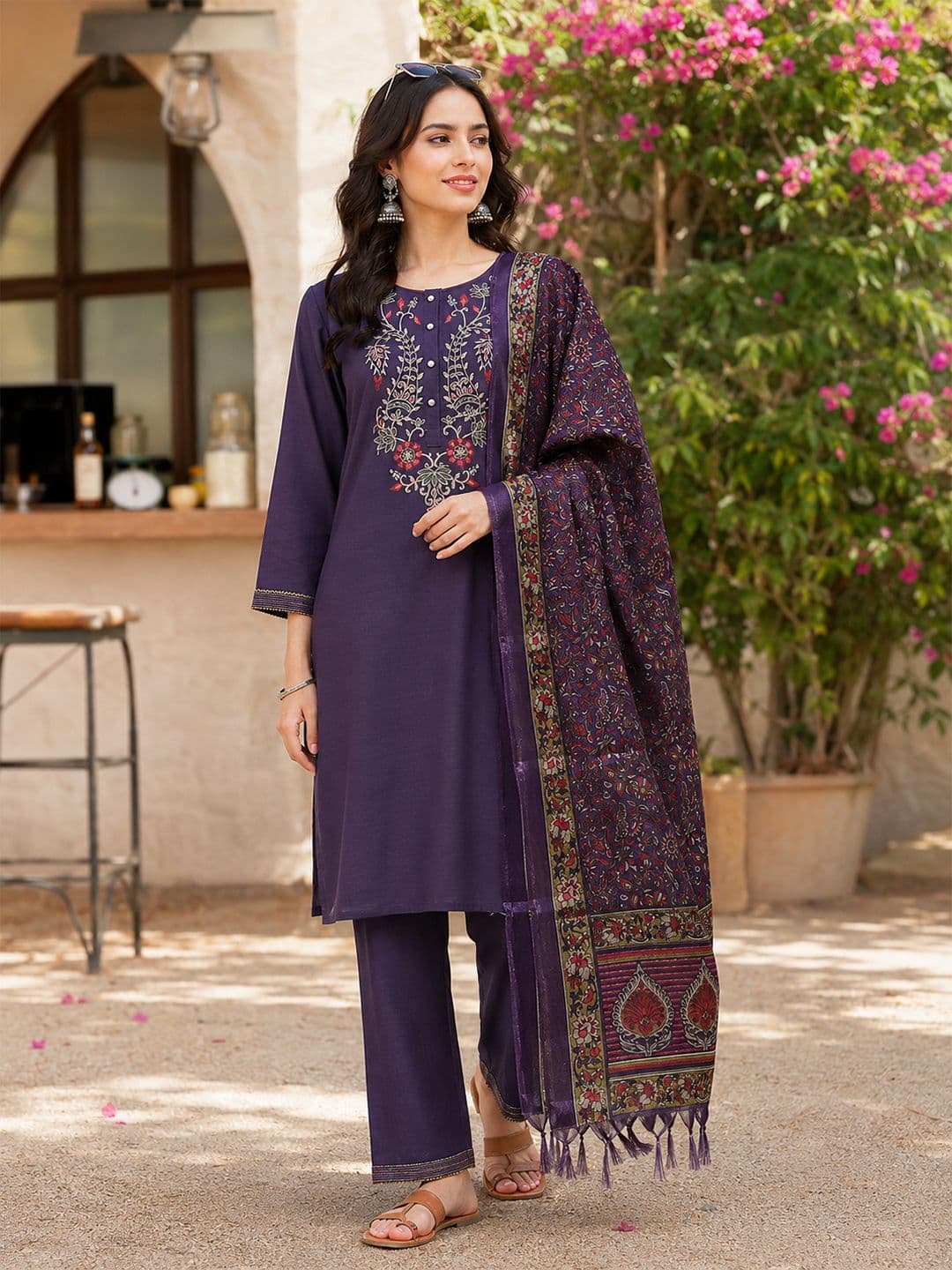 Nayam By Lakshita Floral Embroidered Thread Work Pure Cotton Kurta With Trouser & Dupatta Set - view 1
