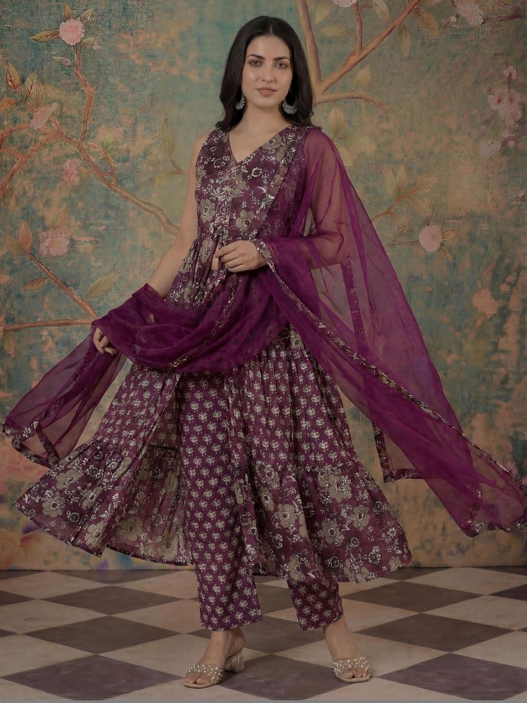 Sangria Embroidered Pure Cotton V-Neck Kurta & Trousers With Dupatta - view 1