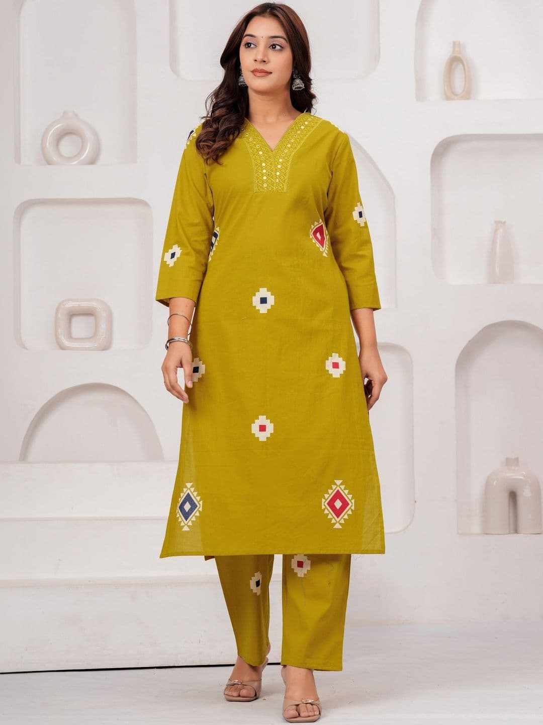 KALINI Women Printed Regular Thread Work Pure Cotton Kurta with Trousers - view 1