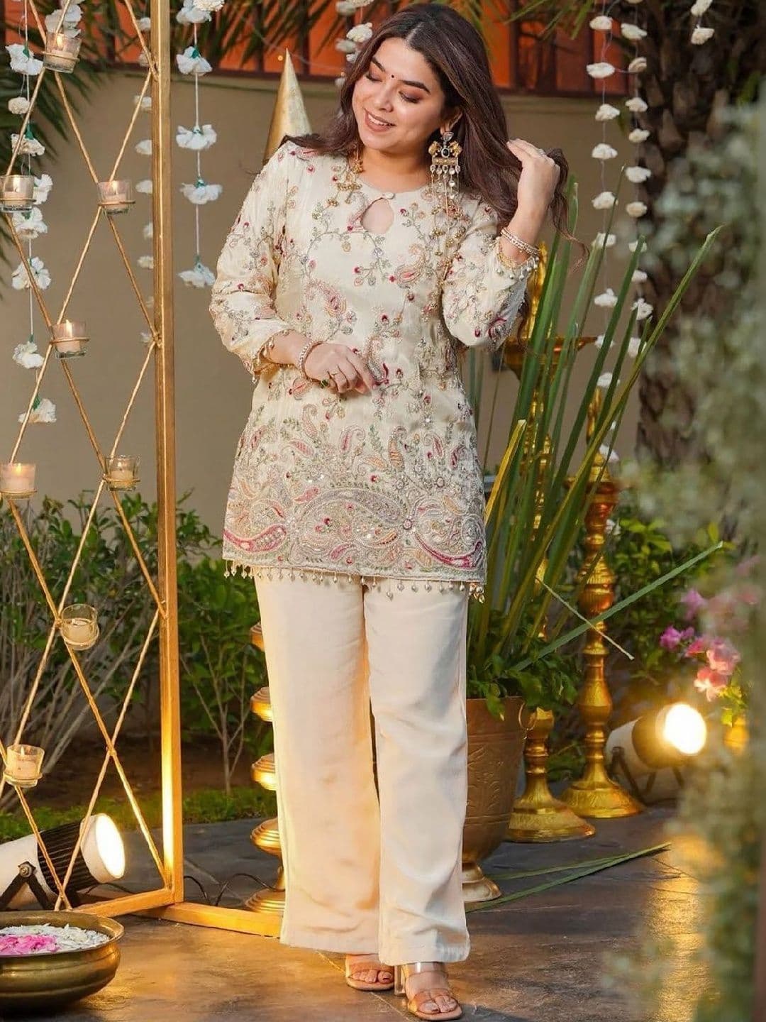 all about you Women Ethnic Motifs Embroidered Regular Thread Work Silk Crepe Kurti with Palazzos - view 1