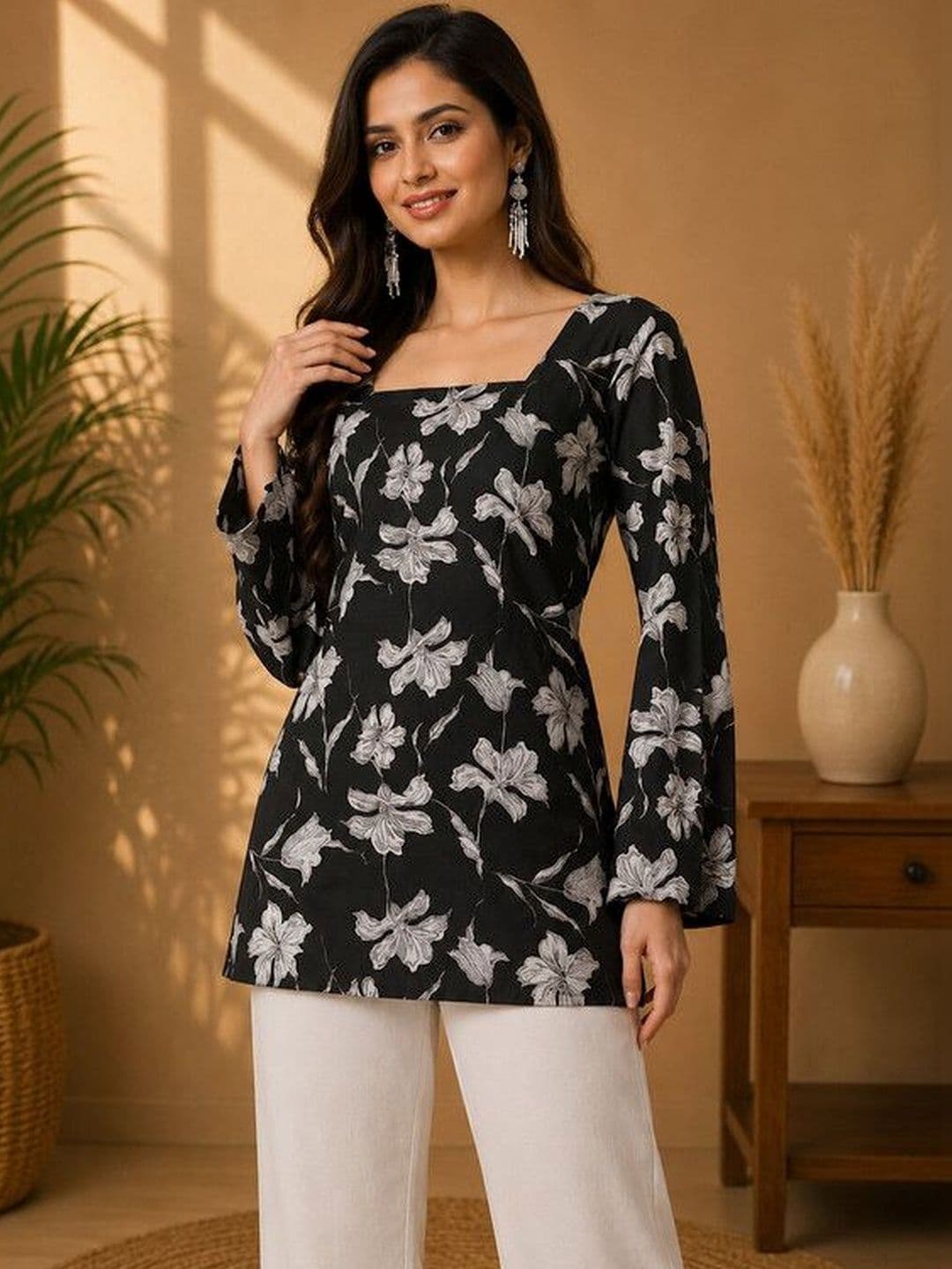 ALENJAN Floral Printed Square Neck Flared Sleeves Kurti - view 1