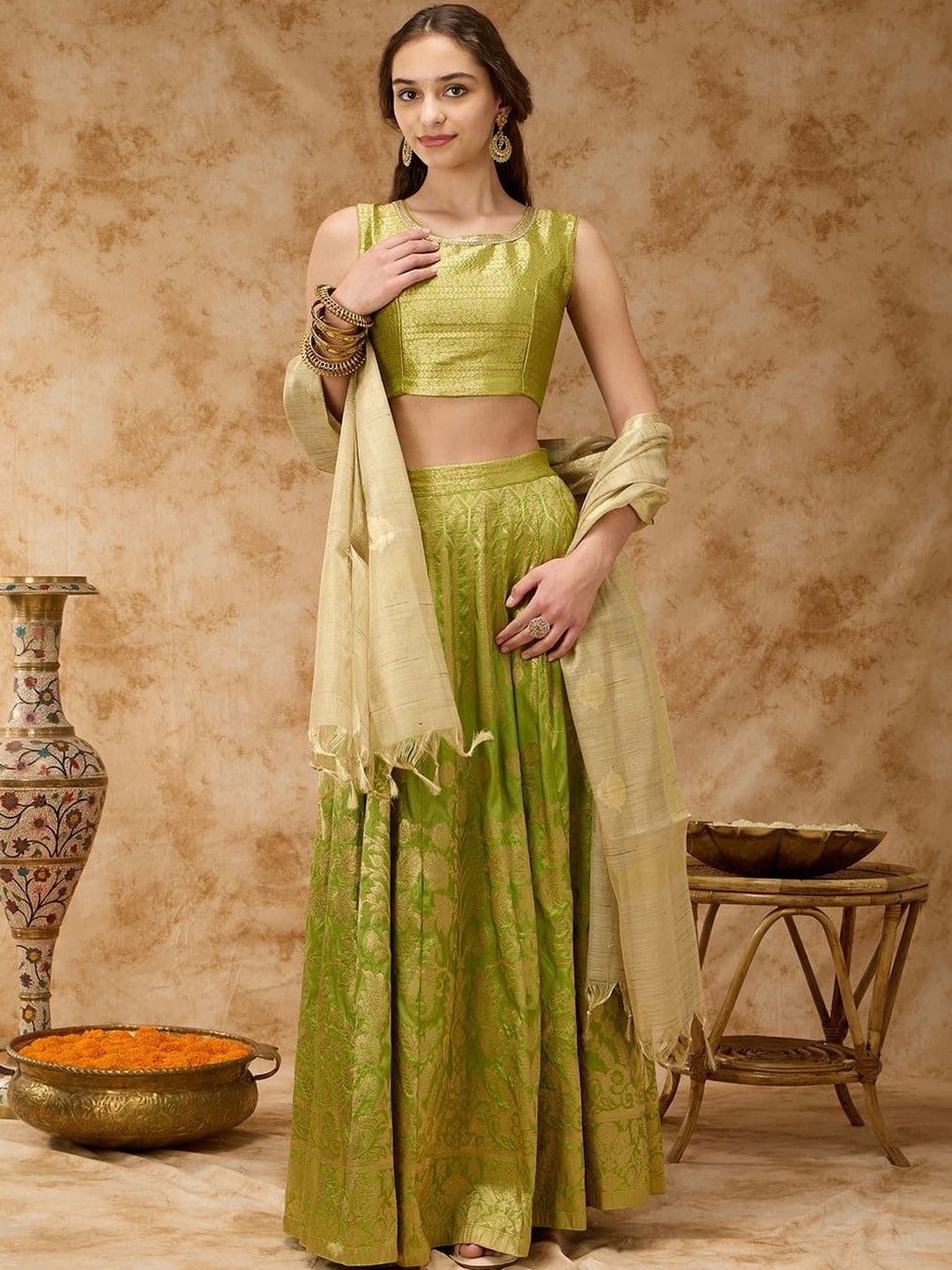 Silver Lime Semi-Stitched Lehenga & Blouse With Dupatta - view 1