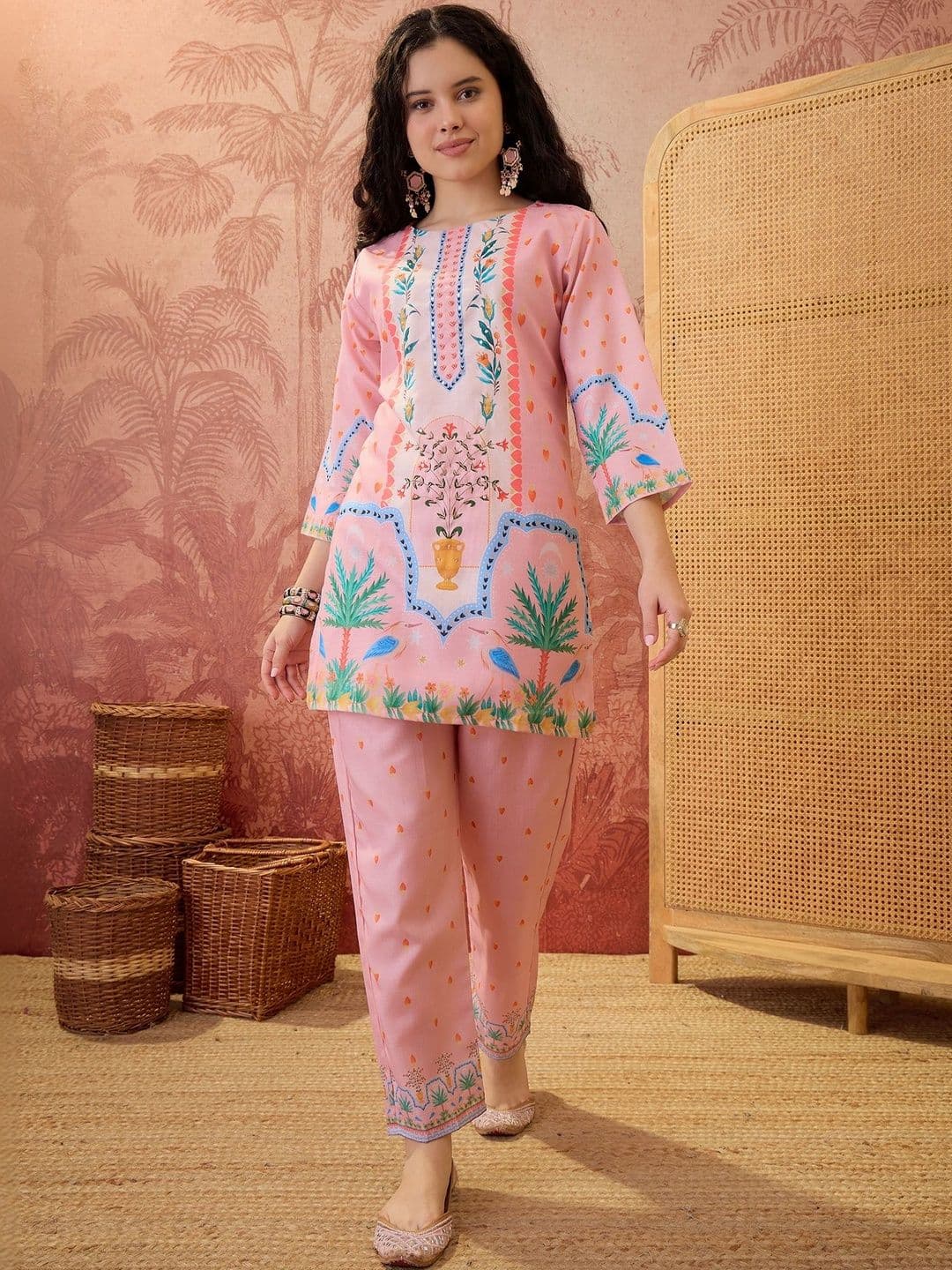 Sangria Tropical Linen Printed Tunic with Trousers - view 1