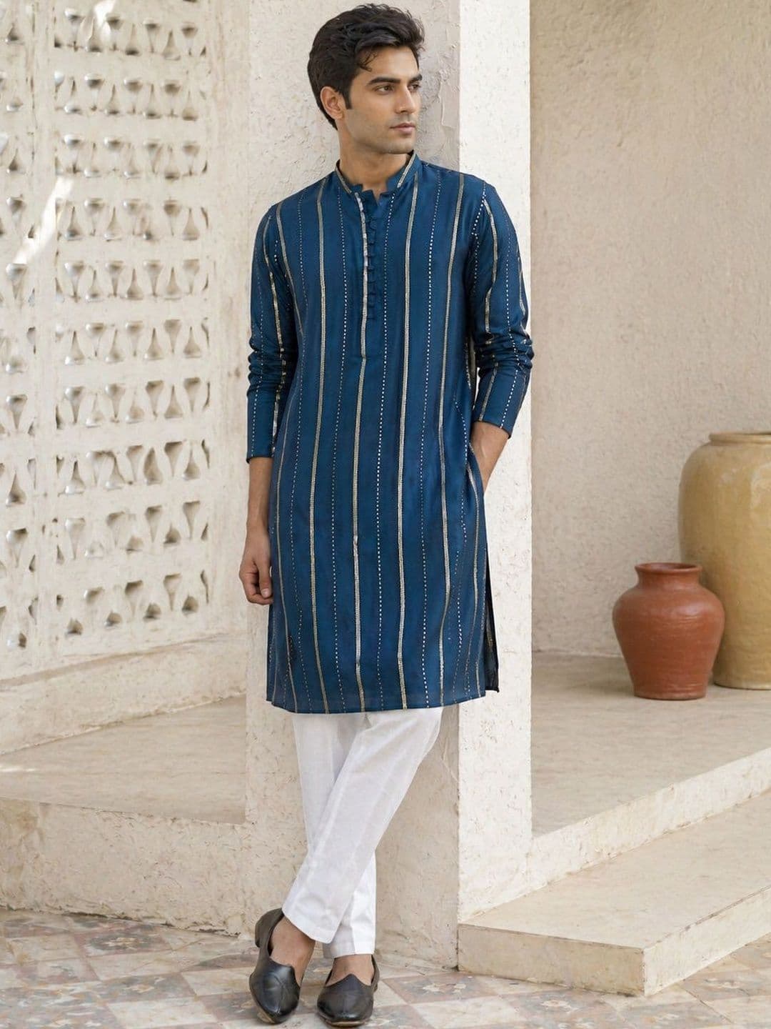 See Designs Men Embellished Sequinned Chanderi Silk Blend Kurta - view 1