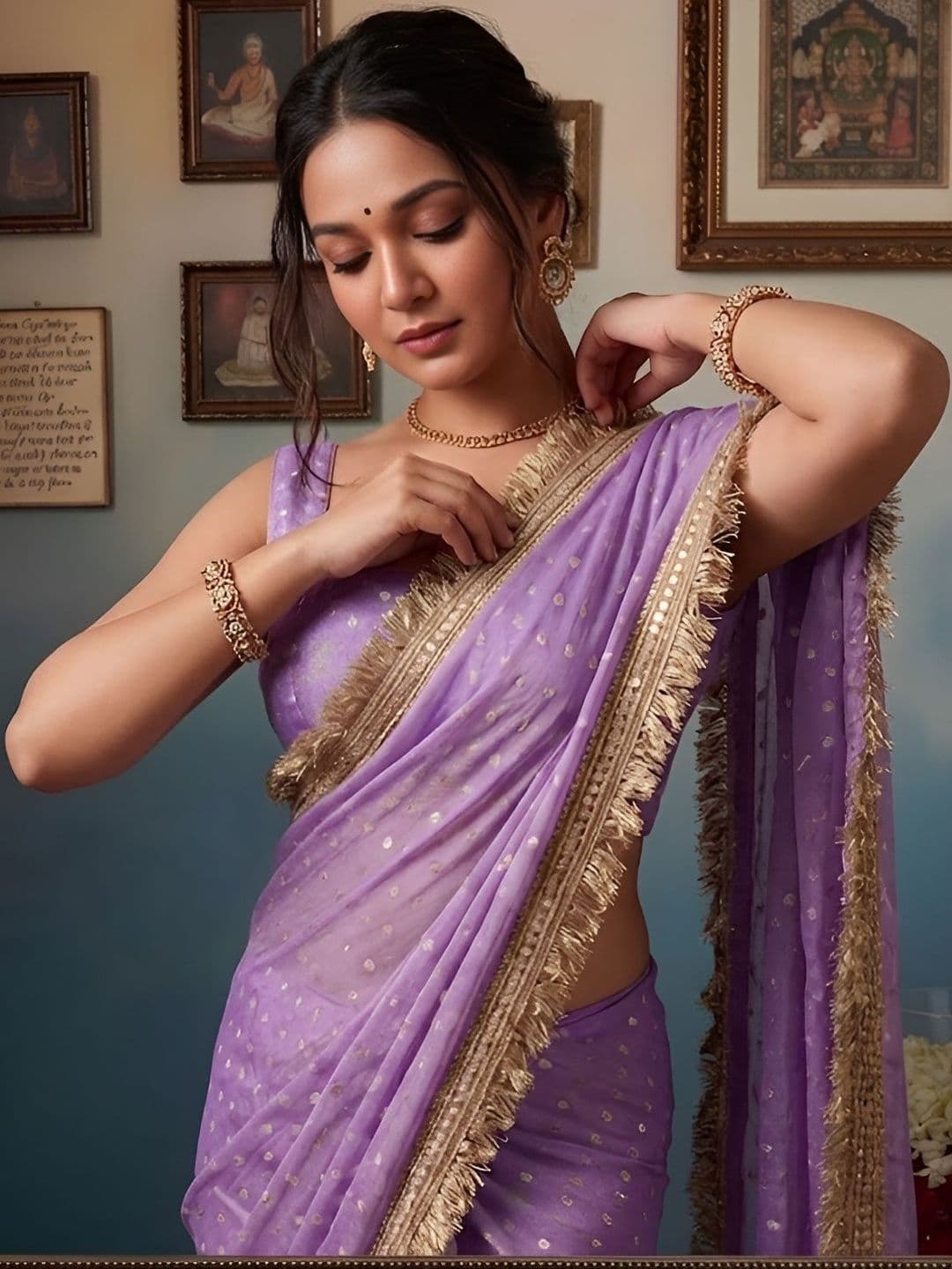 VRAGI Polka Dot Zari Silk Blend Heavy Work Saree - view 1