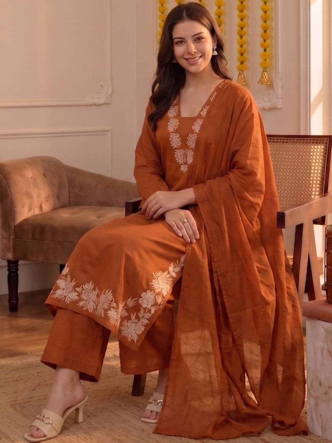 KALINI Women Ethnic Motifs Embroidered Regular Thread Work Kurta with Trousers & With Dupatta - view 1